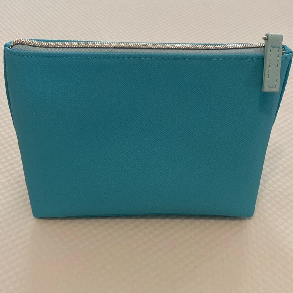 La Mer Blue Cosmetic Makeup Toiletry Travel Bag Case Zipper Vegan Leather Pouch